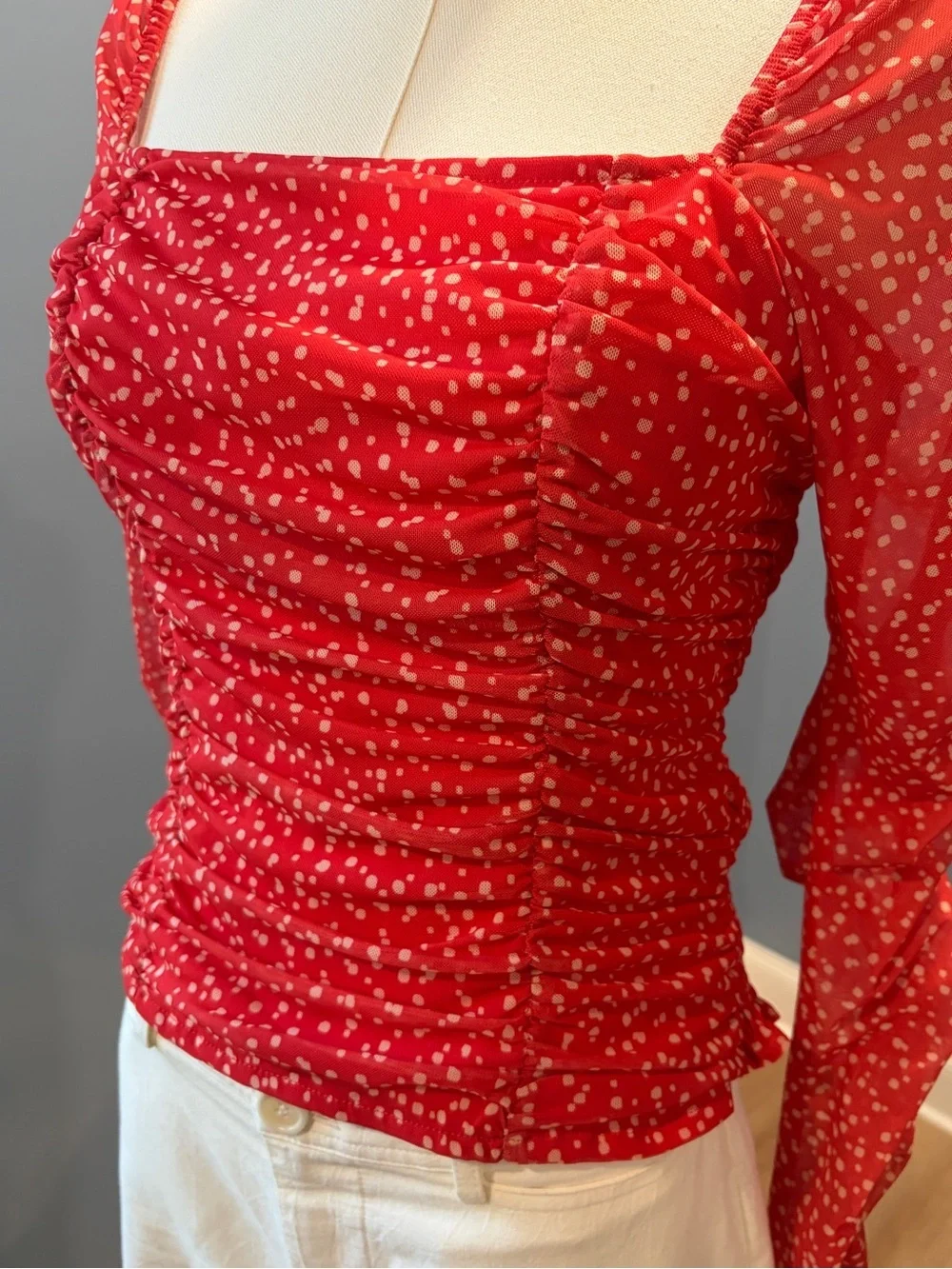Maeve by Anthropologie Ruched Mesh Polka Dot Top Medium